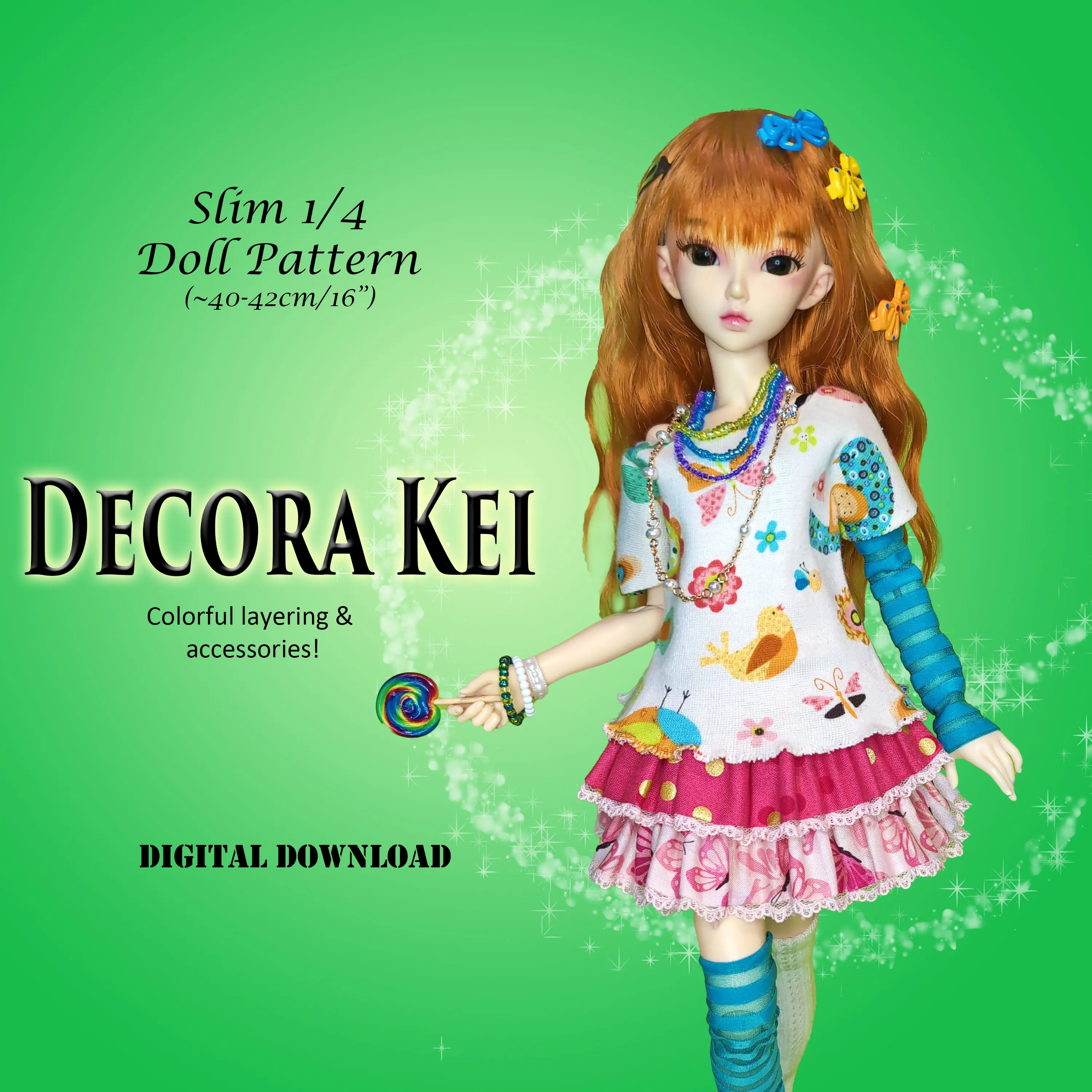 1/4 40cm BJD & 16" Fashion Doll - Decora Kei - Japanese layerable Harajuku street fashion - Downloadable RAD Doll Clothes PDF Sewing Pattern