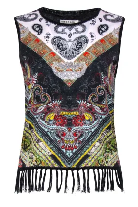 Alice & Olivia - Black & Multicolor Bohemian Print Knit Tank w/ Fringed Trim Sz S