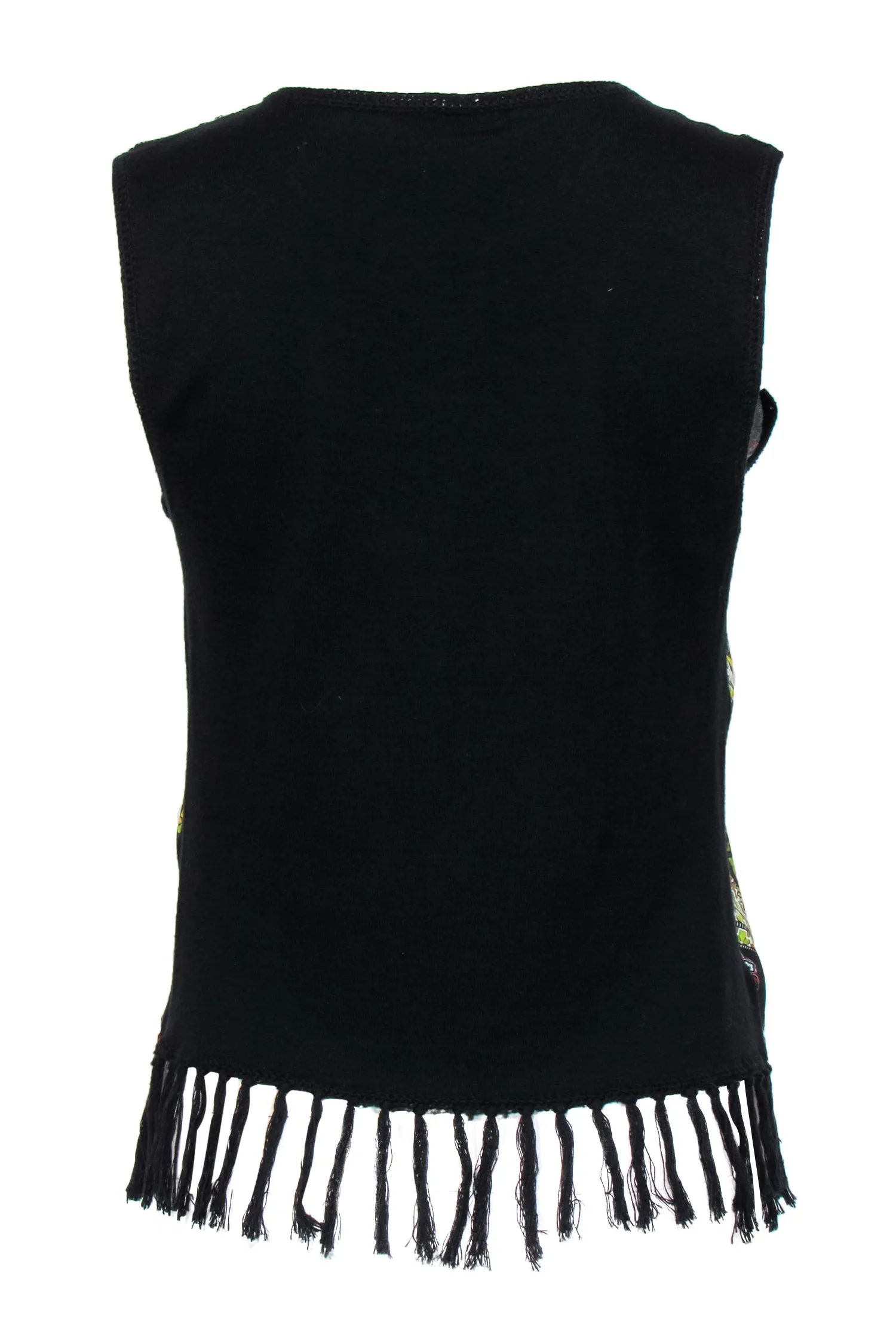 Alice & Olivia - Black & Multicolor Bohemian Print Knit Tank w/ Fringed Trim Sz S