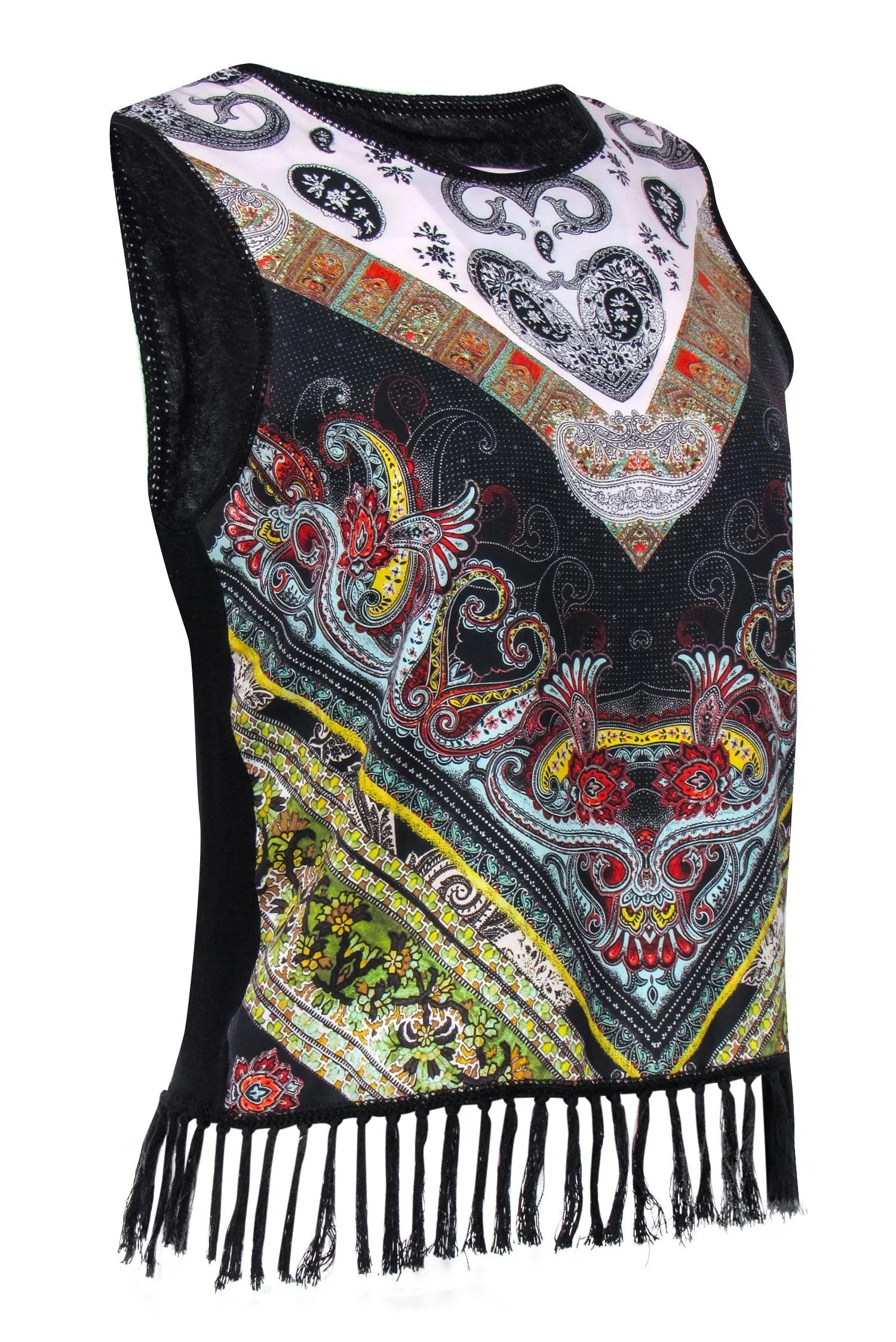 Alice & Olivia - Black & Multicolor Bohemian Print Knit Tank w/ Fringed Trim Sz S