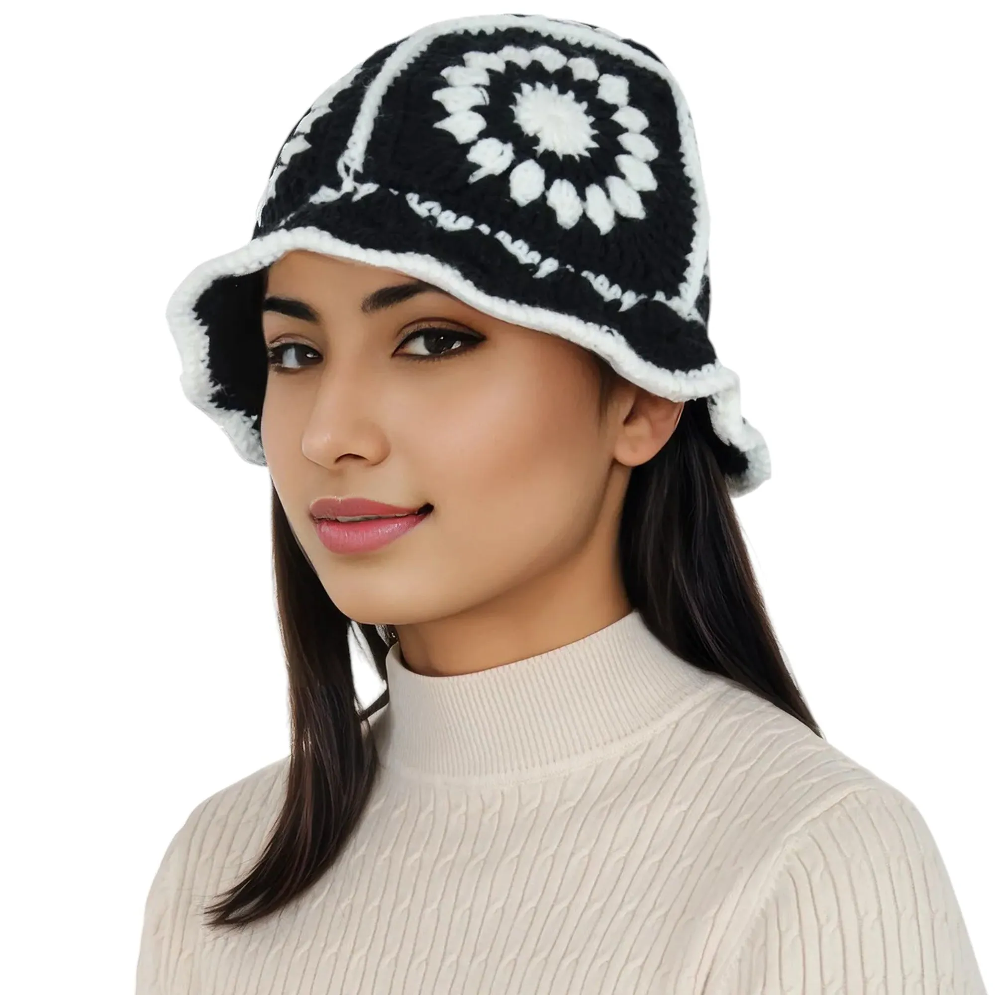 Anna-Kaci Women's Crochet Bucket Hat Retro Sunburst Pattern Knit Handmade Foldable Floppy Beach Hat
