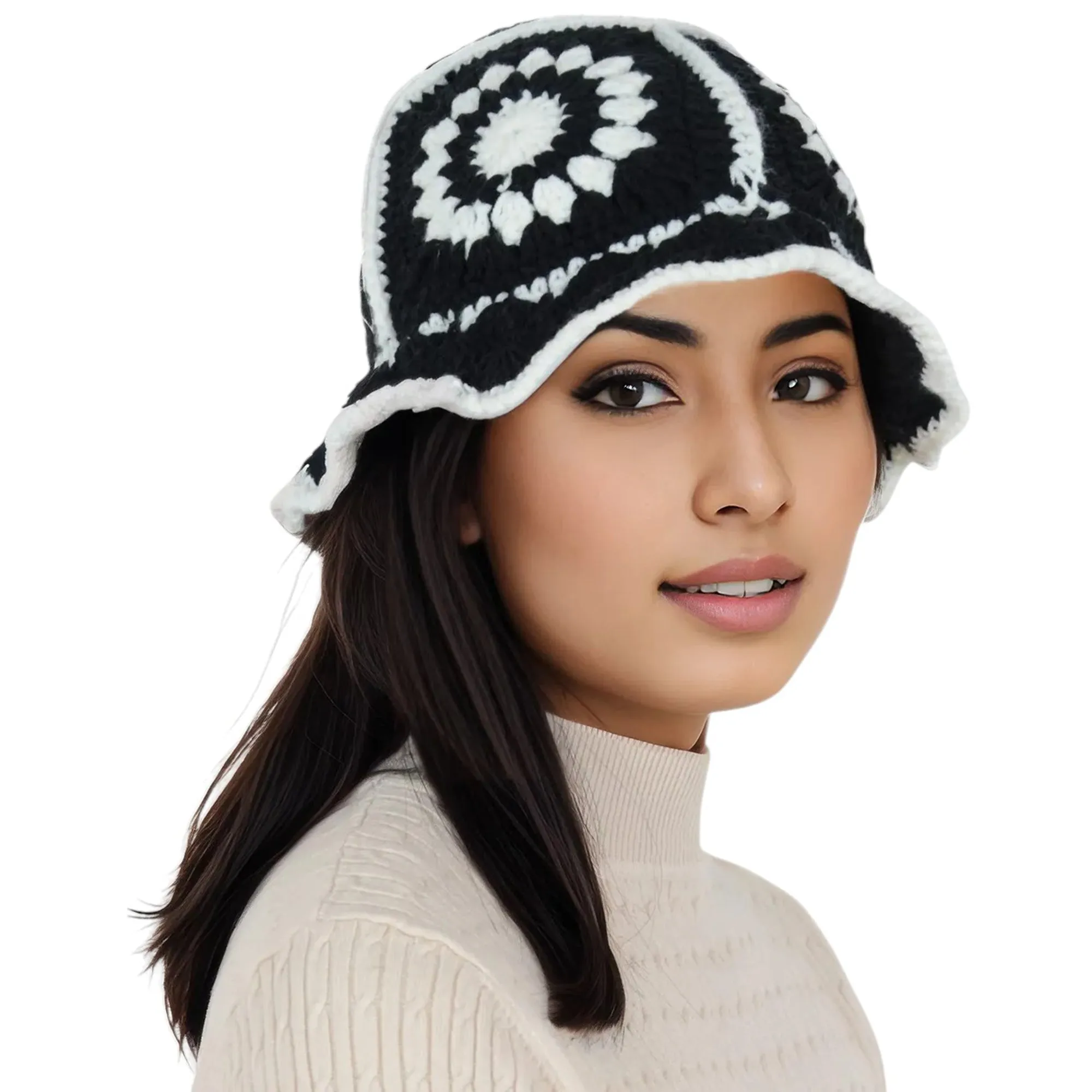 Anna-Kaci Women's Crochet Bucket Hat Retro Sunburst Pattern Knit Handmade Foldable Floppy Beach Hat