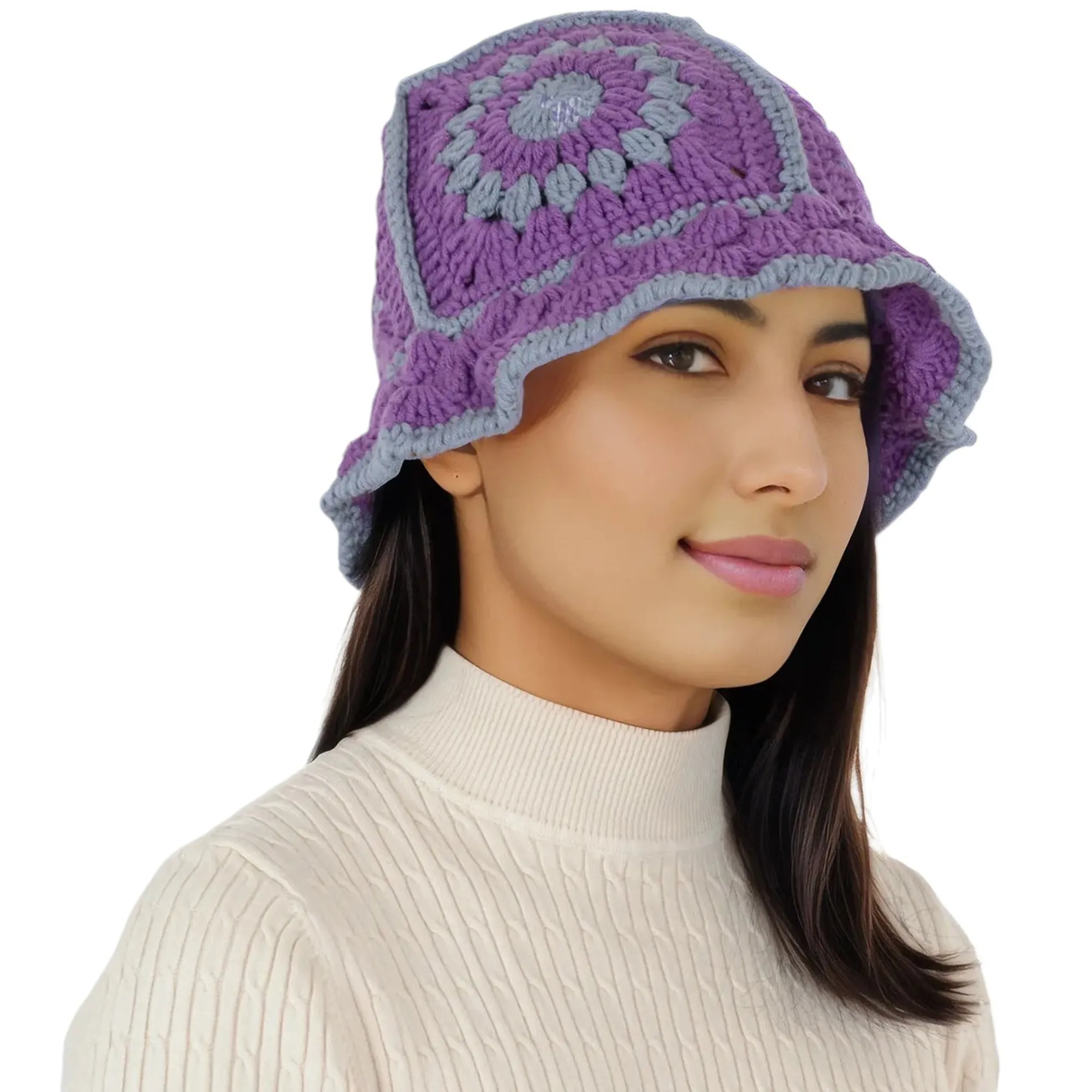 Anna-Kaci Women's Crochet Bucket Hat Retro Sunburst Pattern Knit Handmade Foldable Floppy Beach Hat
