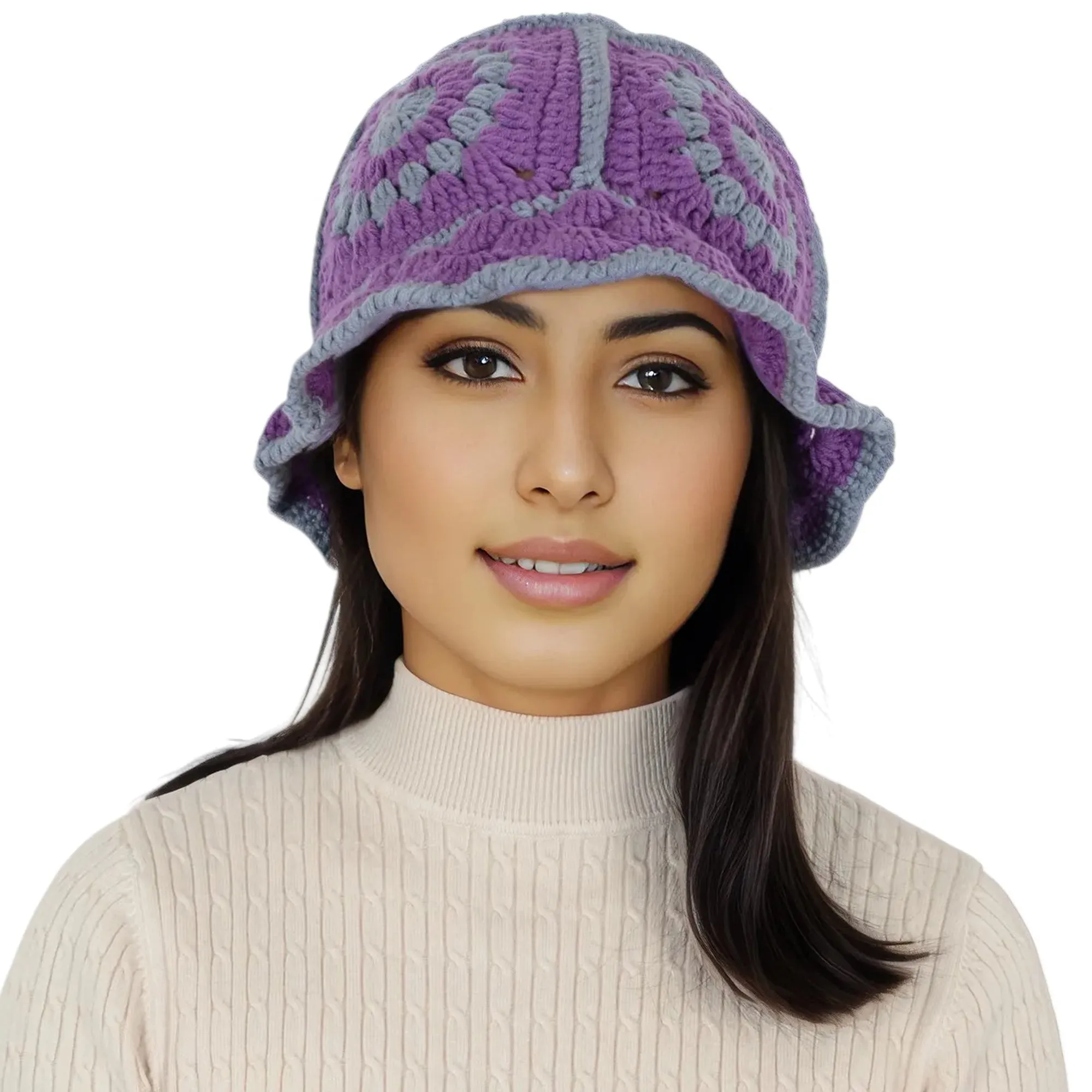 Anna-Kaci Women's Crochet Bucket Hat Retro Sunburst Pattern Knit Handmade Foldable Floppy Beach Hat