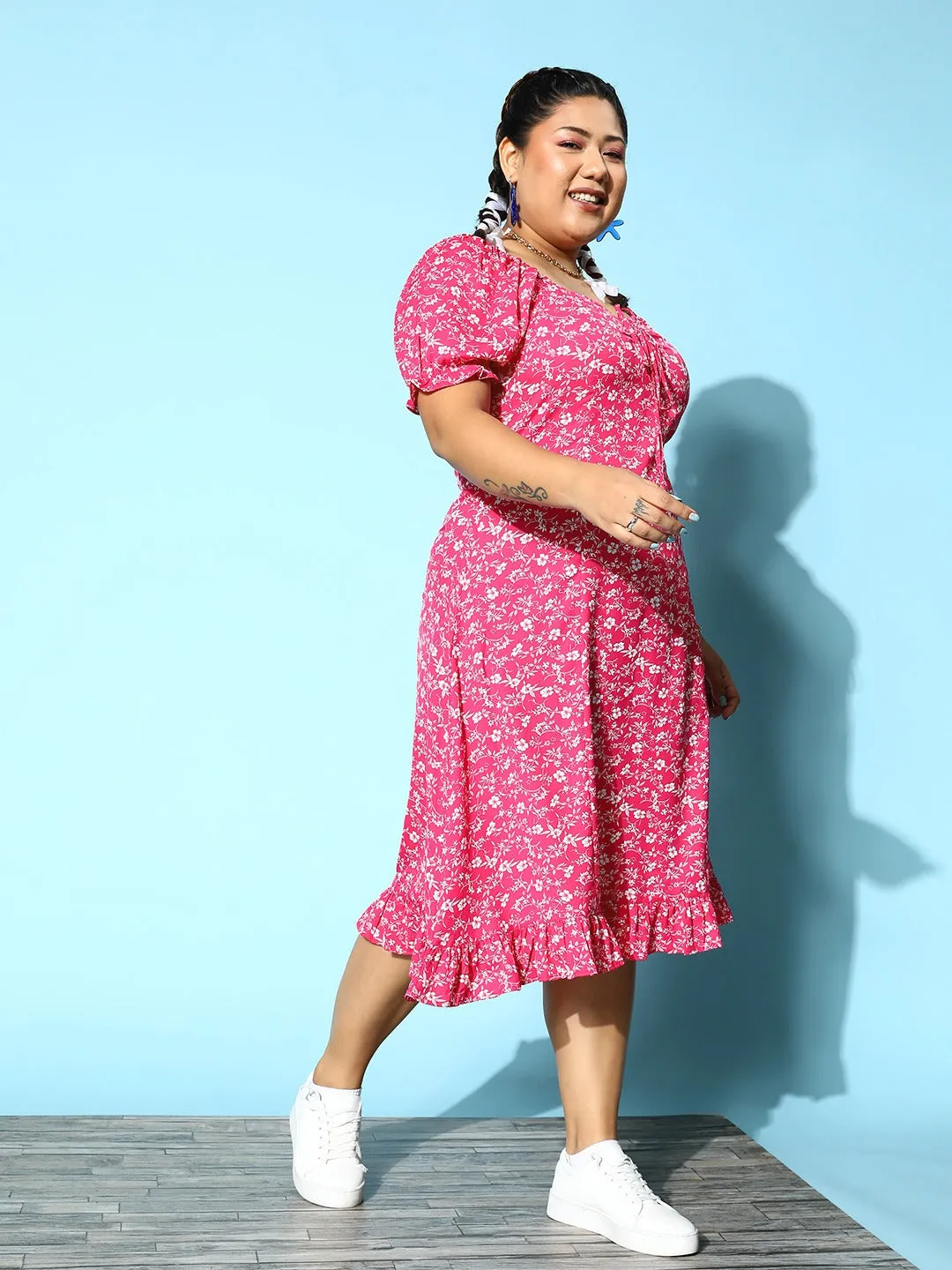 Berrylush Women Plus Size Pink & White Floral Printed Sweetheart Neck Front Tie-Up Flounce Hem A-Line Midi Dress