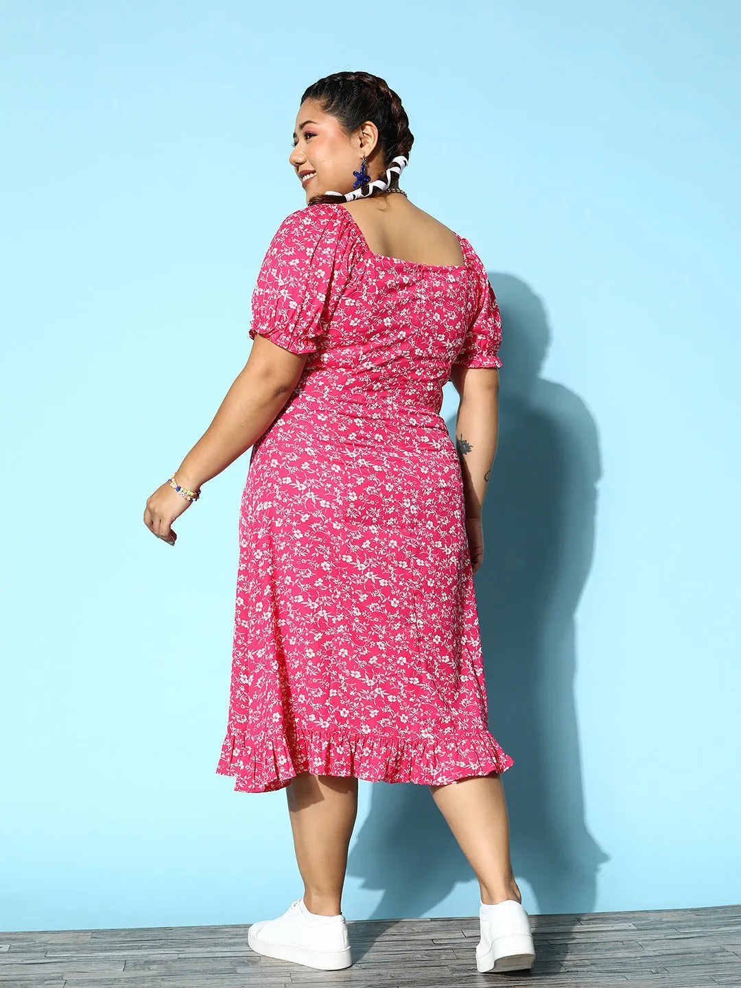 Berrylush Women Plus Size Pink & White Floral Printed Sweetheart Neck Front Tie-Up Flounce Hem A-Line Midi Dress