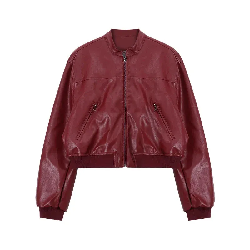 Black Friday Joskaa Vintage Red Leather Jackets for Women Y2k Cropped Jacket with Zipper Autumn Winter Long Sleeve Warm Coat Kpop Clothes