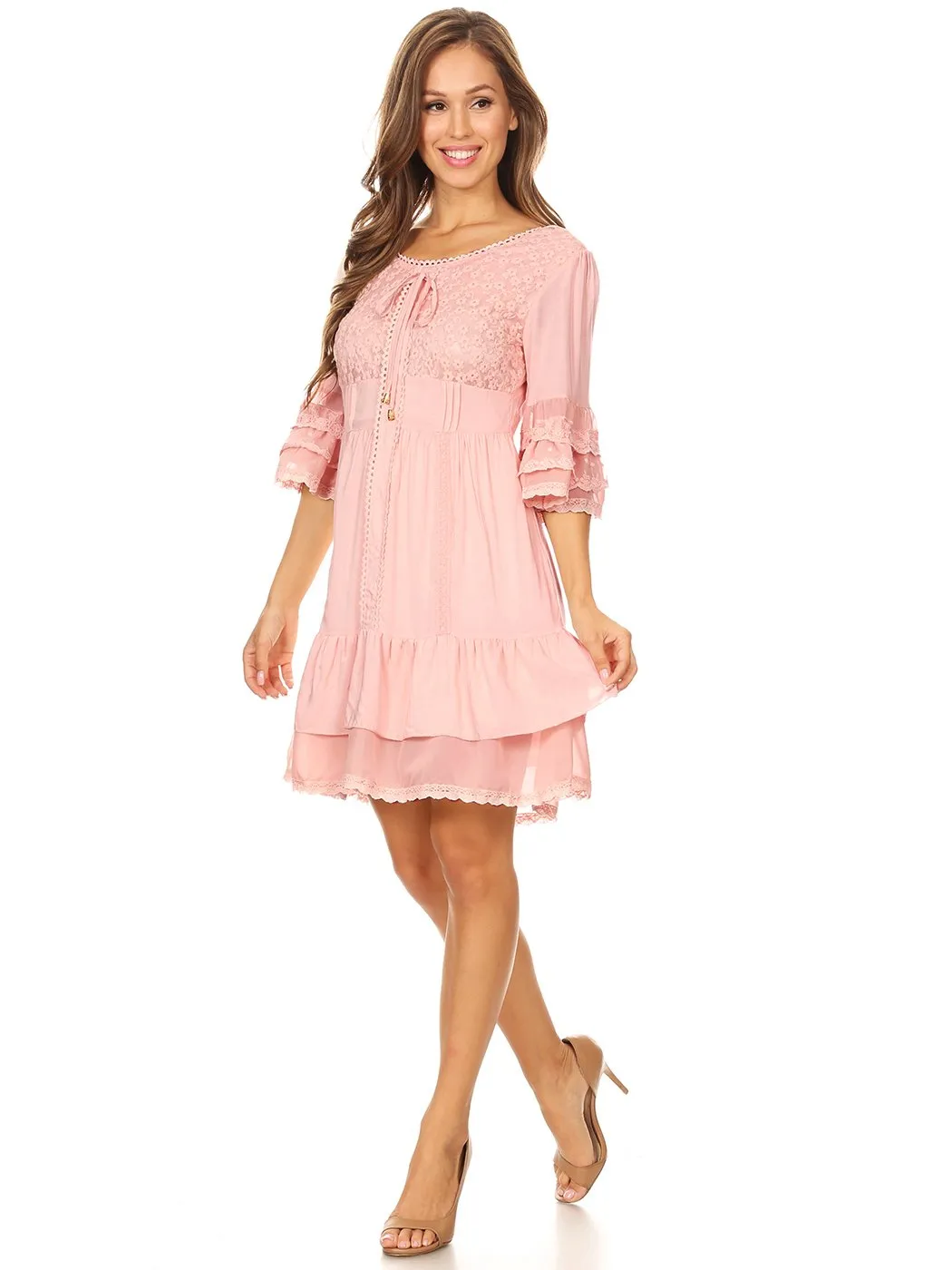 Boho Peasant Floral Lace Ruffle Hem Bell Sleeve Mini Dress