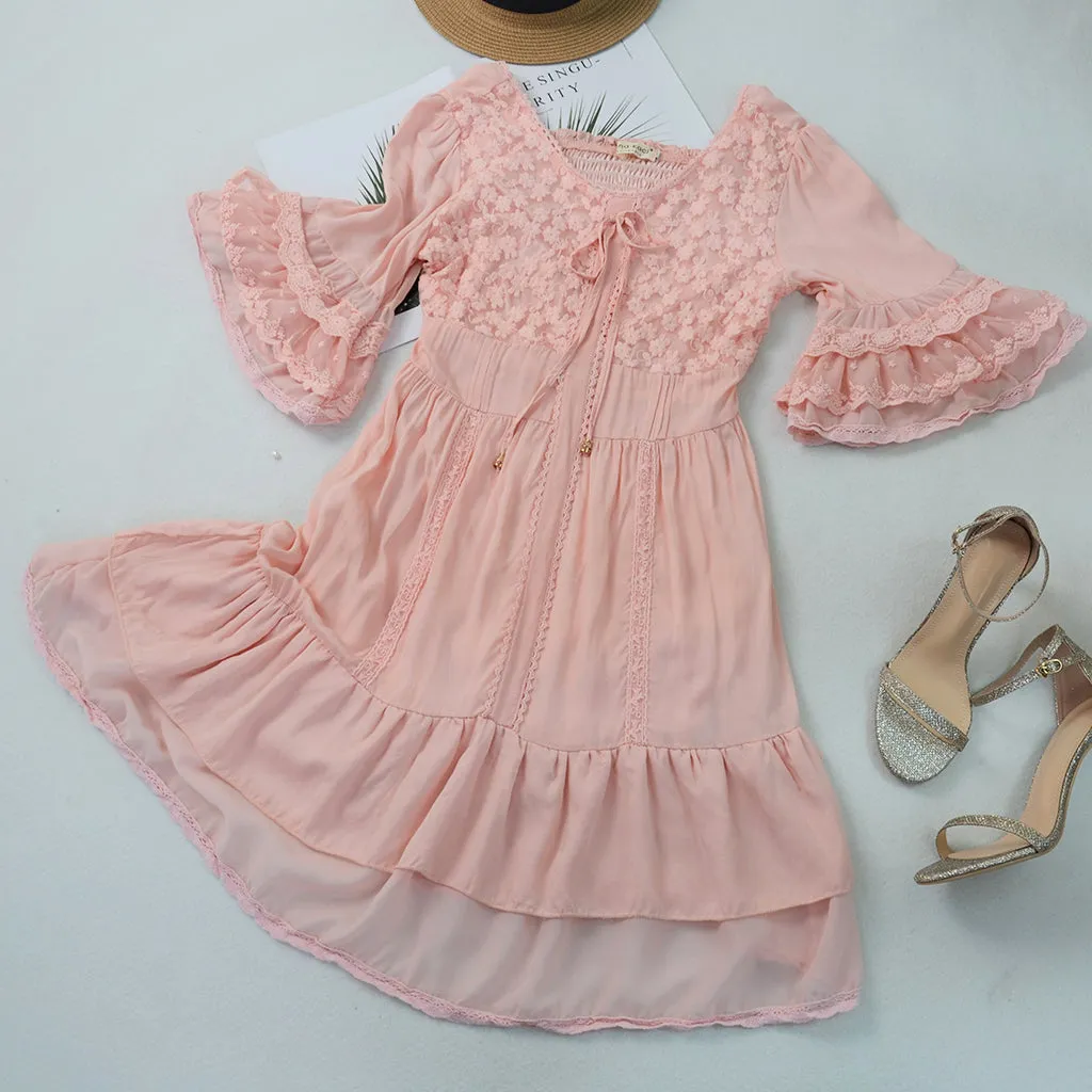Boho Peasant Floral Lace Ruffle Hem Bell Sleeve Mini Dress