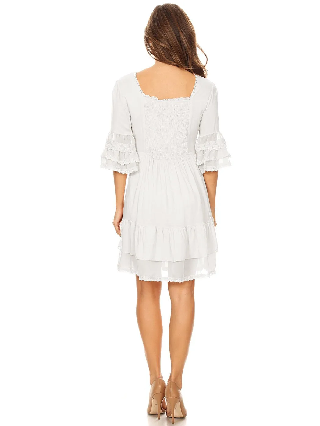 Boho Peasant Floral Lace Ruffle Hem Bell Sleeve Mini Dress