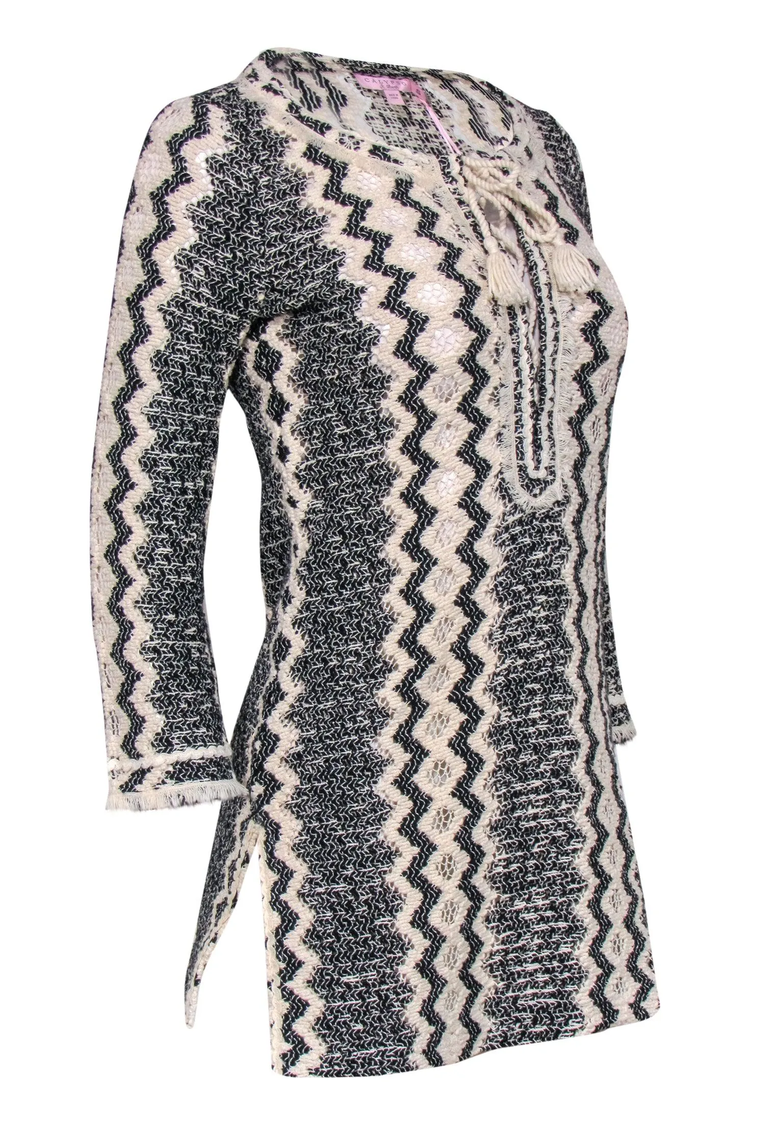 Calypso - Beige & Black Knit Lace-Up Long Sleeve "Romilly" Tunic Sz S