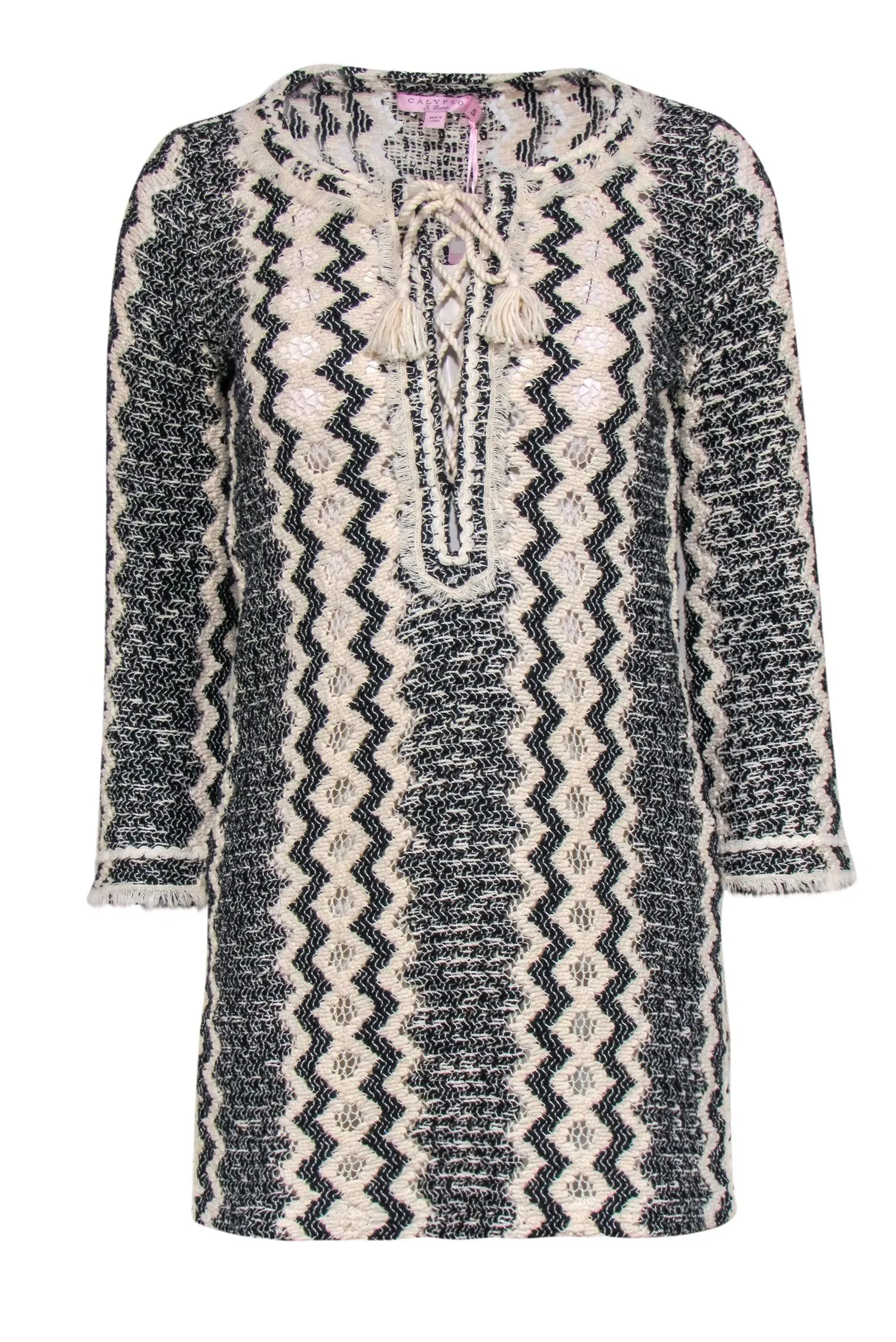 Calypso - Beige & Black Knit Lace-Up Long Sleeve "Romilly" Tunic Sz S