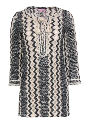 Calypso - Beige & Black Knit Lace-Up Long Sleeve "Romilly" Tunic Sz S