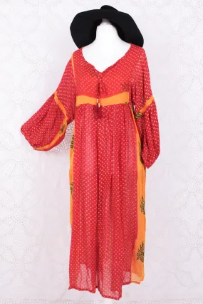 Daisy Midi Smock Dress - Vintage Indian Cotton - Candy Red & Orange - XS