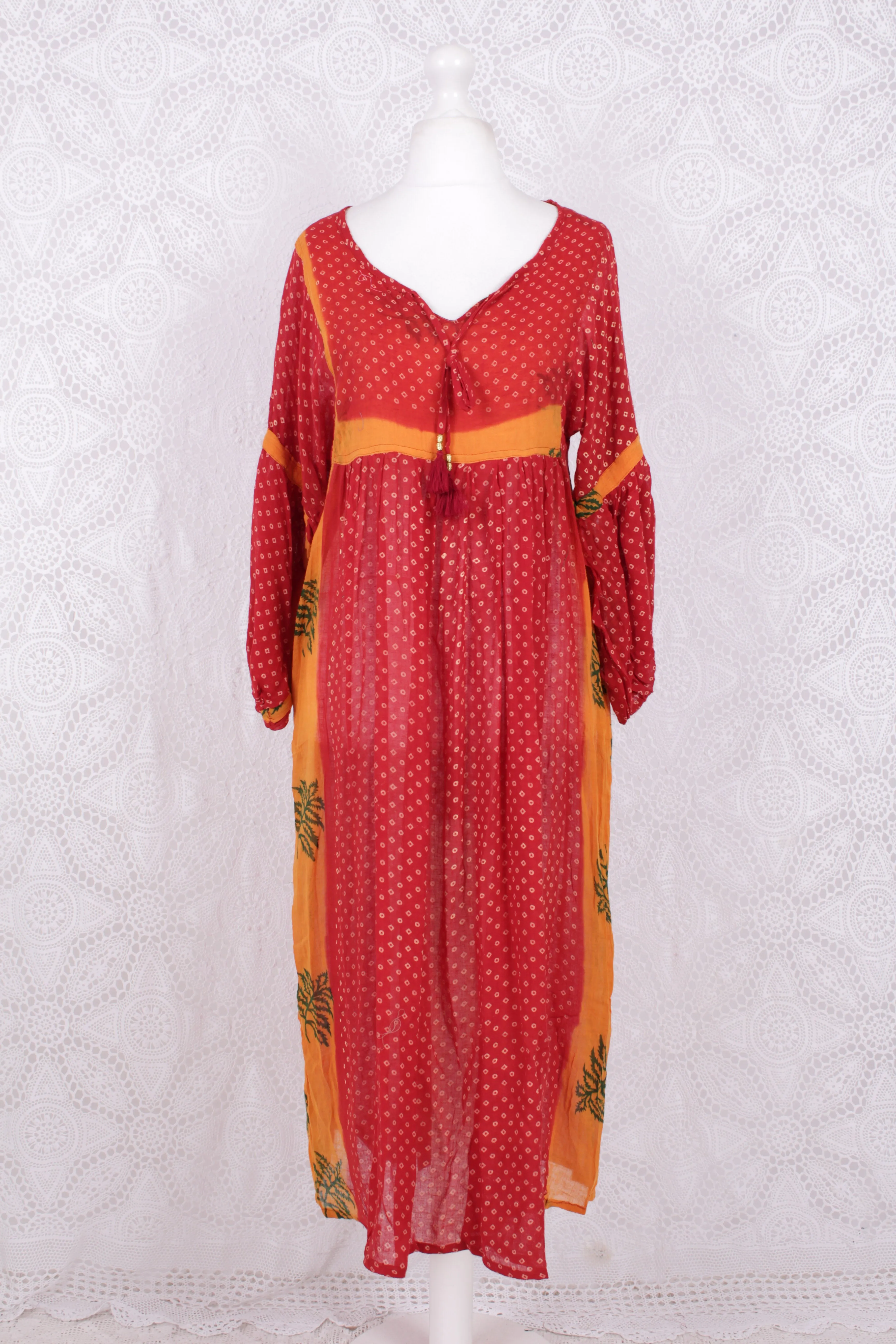 Daisy Midi Smock Dress - Vintage Indian Cotton - Candy Red & Orange - XS