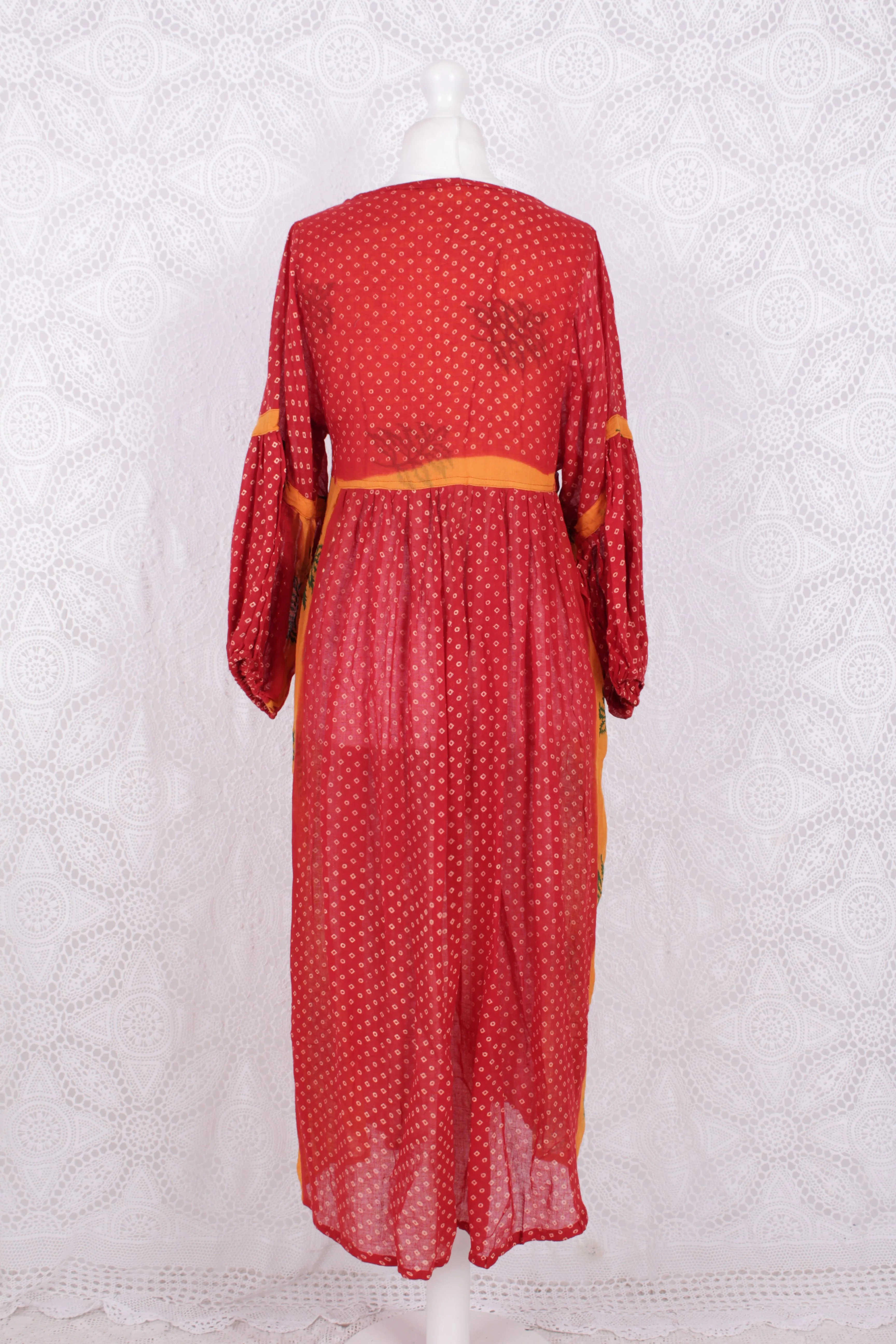 Daisy Midi Smock Dress - Vintage Indian Cotton - Candy Red & Orange - XS