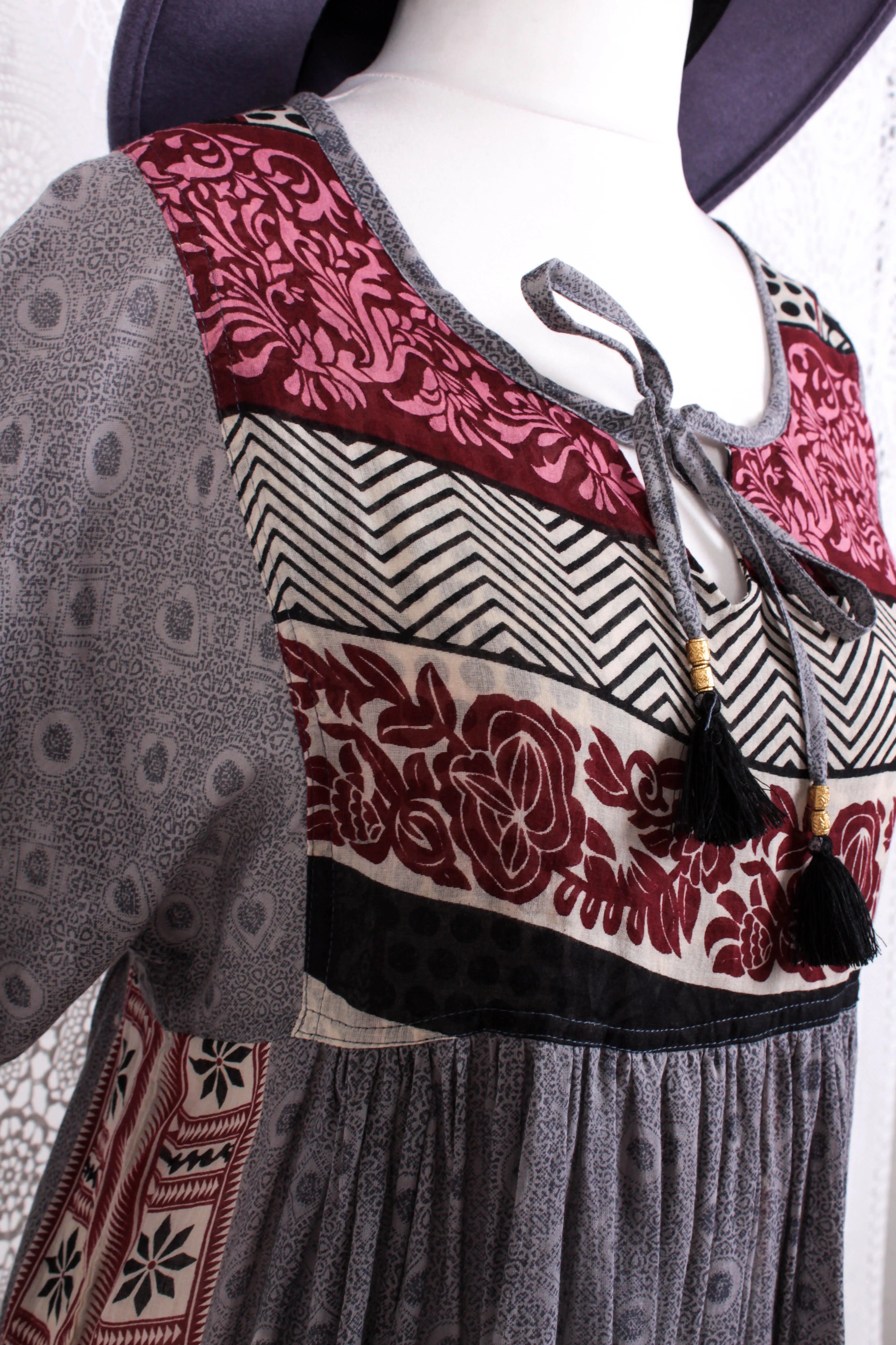 Daisy Midi Smock Dress - Vintage Indian Cotton - Moonlight Grey Victorian Tiles - XS