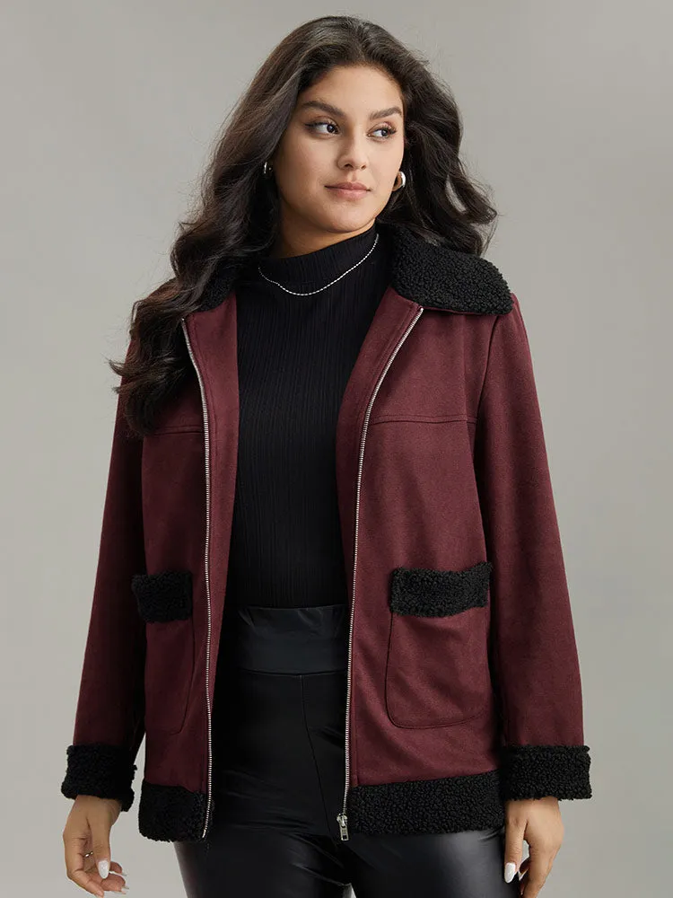 Fuzzy Trim Patched Pocket Zipper Jacket