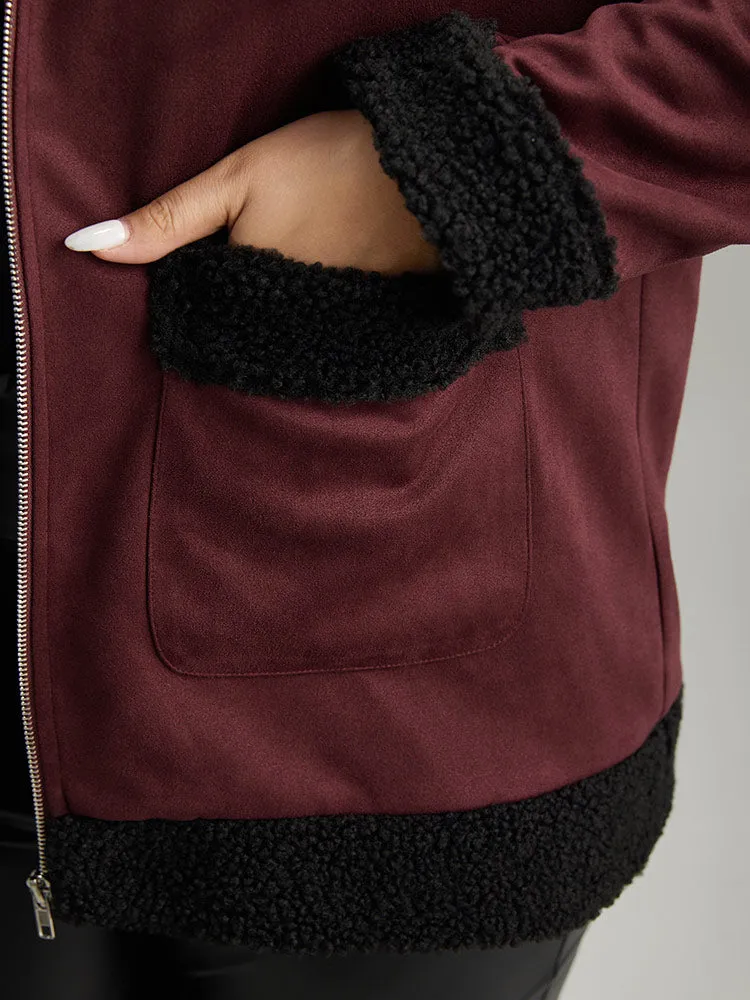 Fuzzy Trim Patched Pocket Zipper Jacket