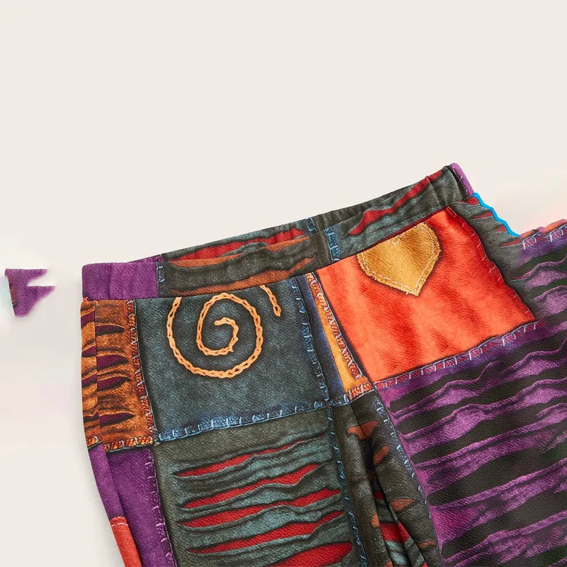 Grunge Patchwork Print Flare Leg Pants