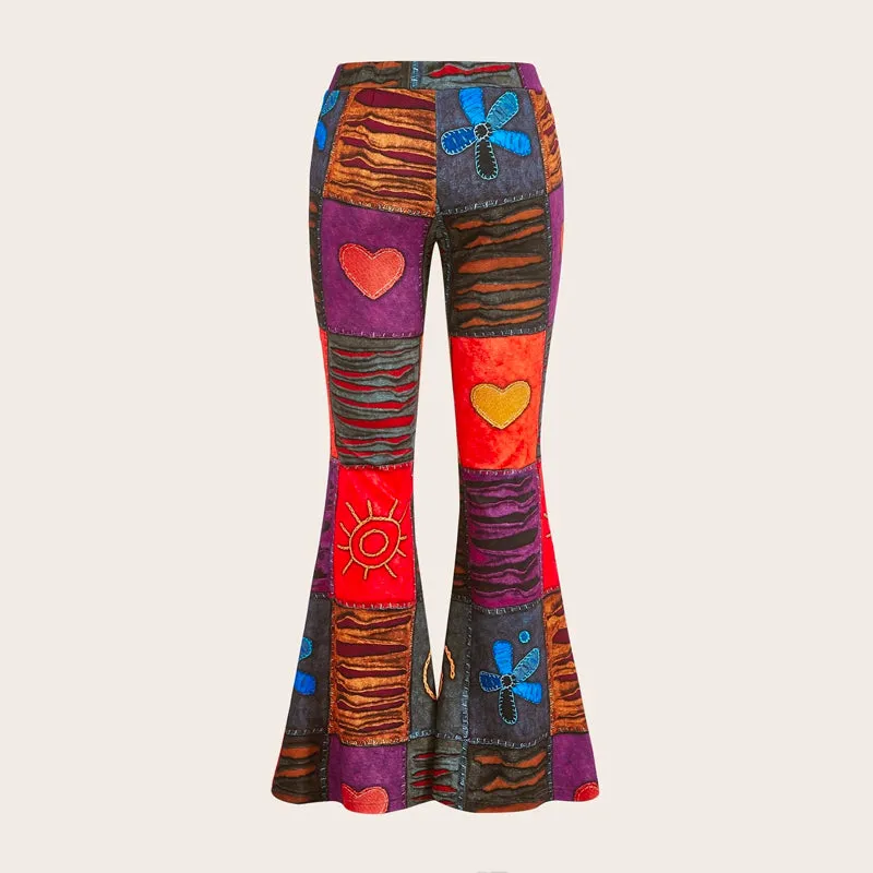 Grunge Patchwork Print Flare Leg Pants