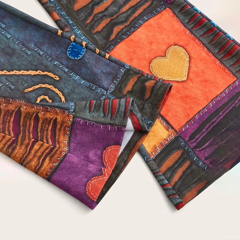 Grunge Patchwork Print Flare Leg Pants
