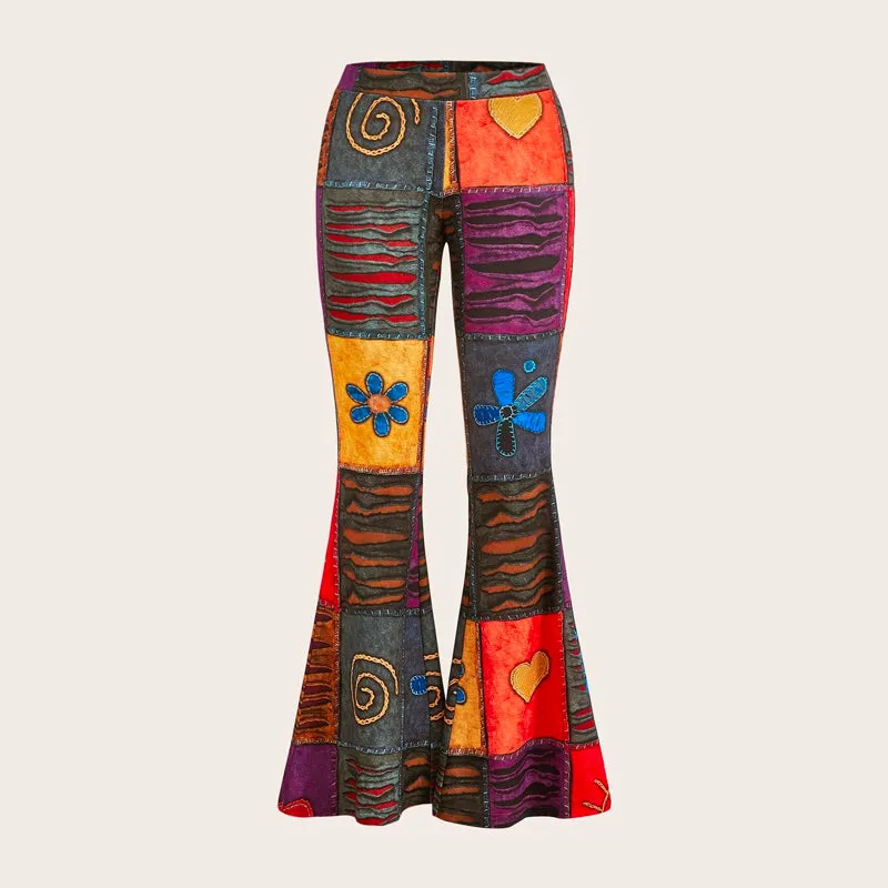 Grunge Patchwork Print Flare Leg Pants