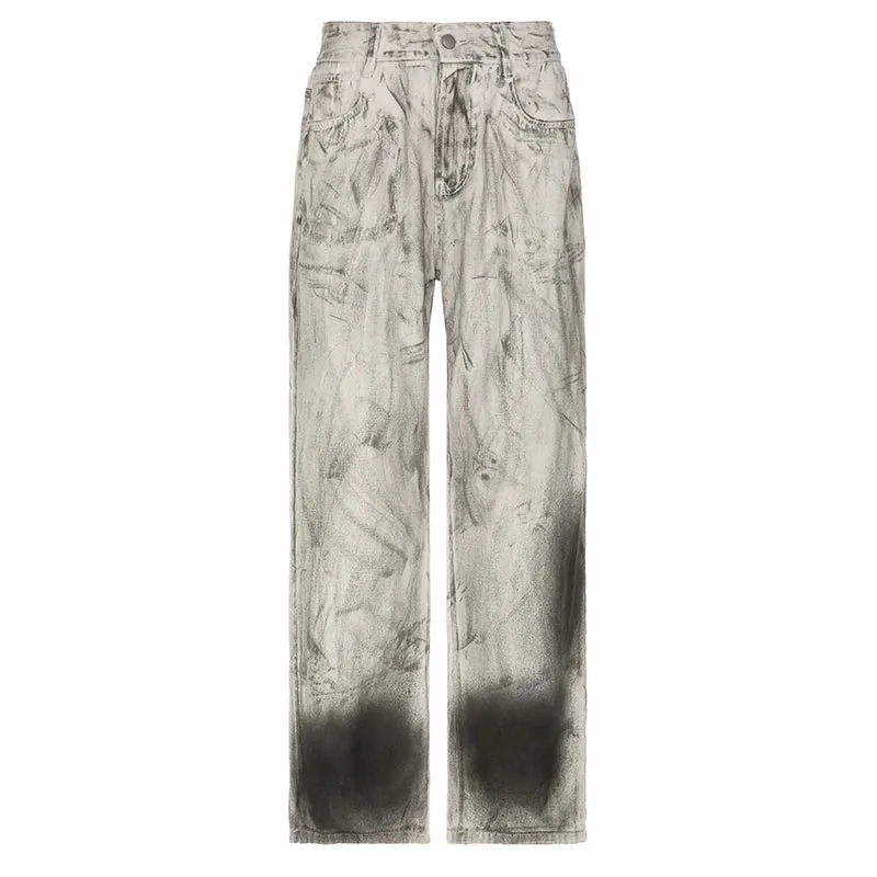 Grunge Retro Tie Dye Baggy Jeans Female Low Waisted Distressed Street Style Wide Leg Trousers Denim Washed Capris Y2K