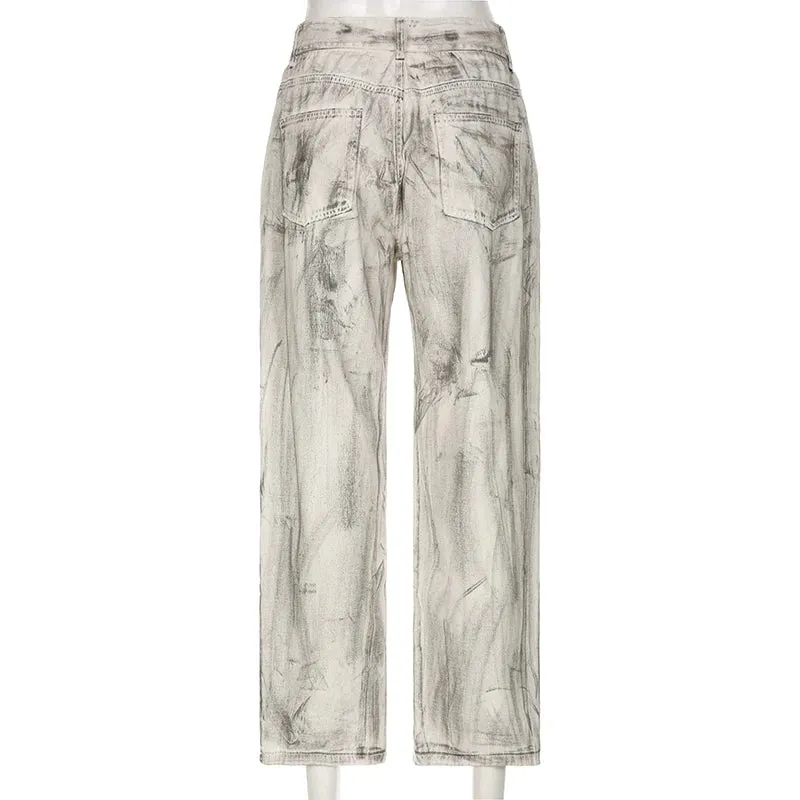 Grunge Retro Tie Dye Baggy Jeans Female Low Waisted Distressed Street Style Wide Leg Trousers Denim Washed Capris Y2K