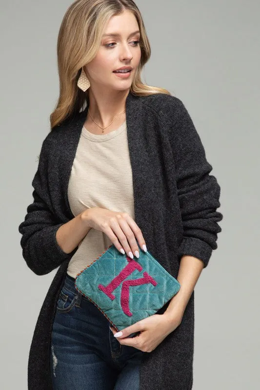 Hand Embroidered Initial Velvet Pouch