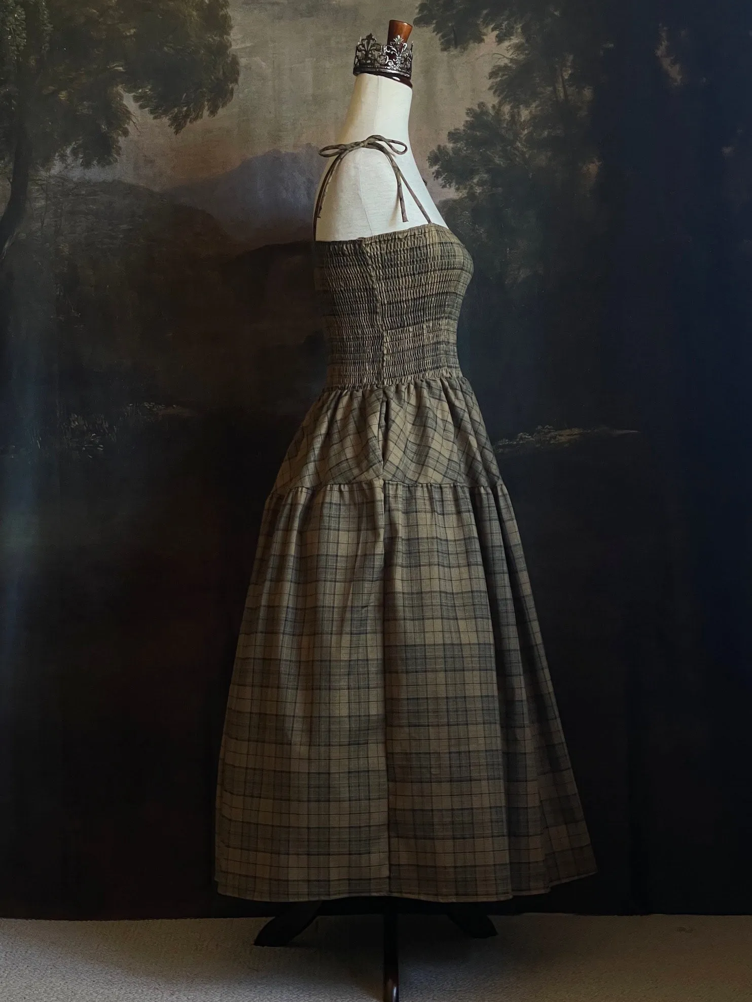 Historically Inspired Tartan Plaid Tiered Dress in Olive Green