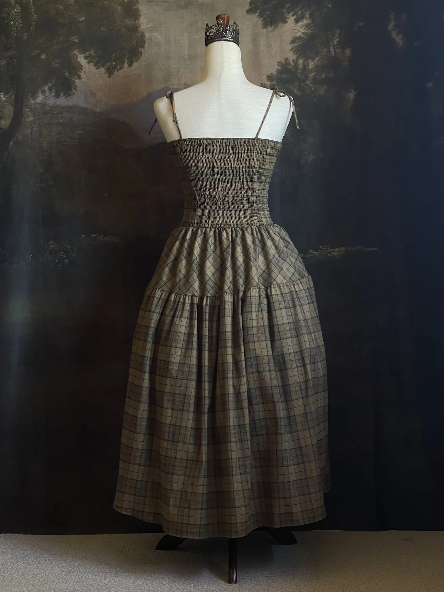 Historically Inspired Tartan Plaid Tiered Dress in Olive Green
