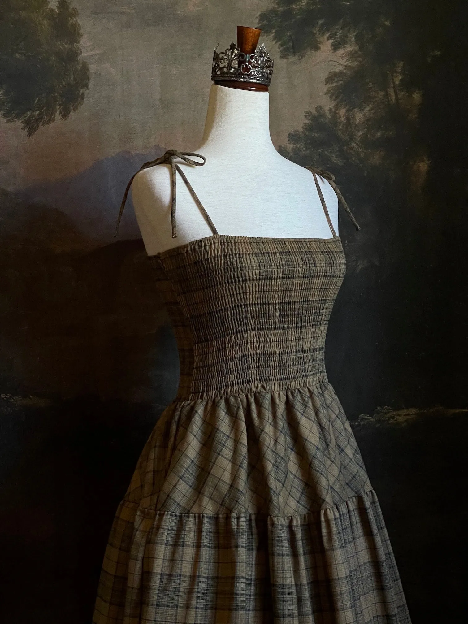 Historically Inspired Tartan Plaid Tiered Dress in Olive Green