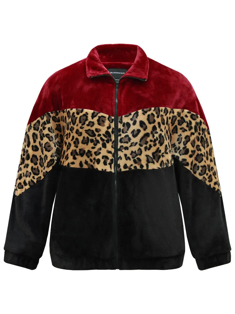 Leopard Colorblock Contrast Zipper Jacket