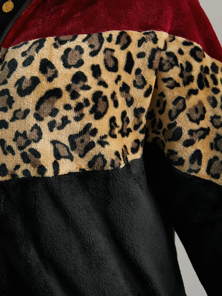 Leopard Colorblock Contrast Zipper Jacket