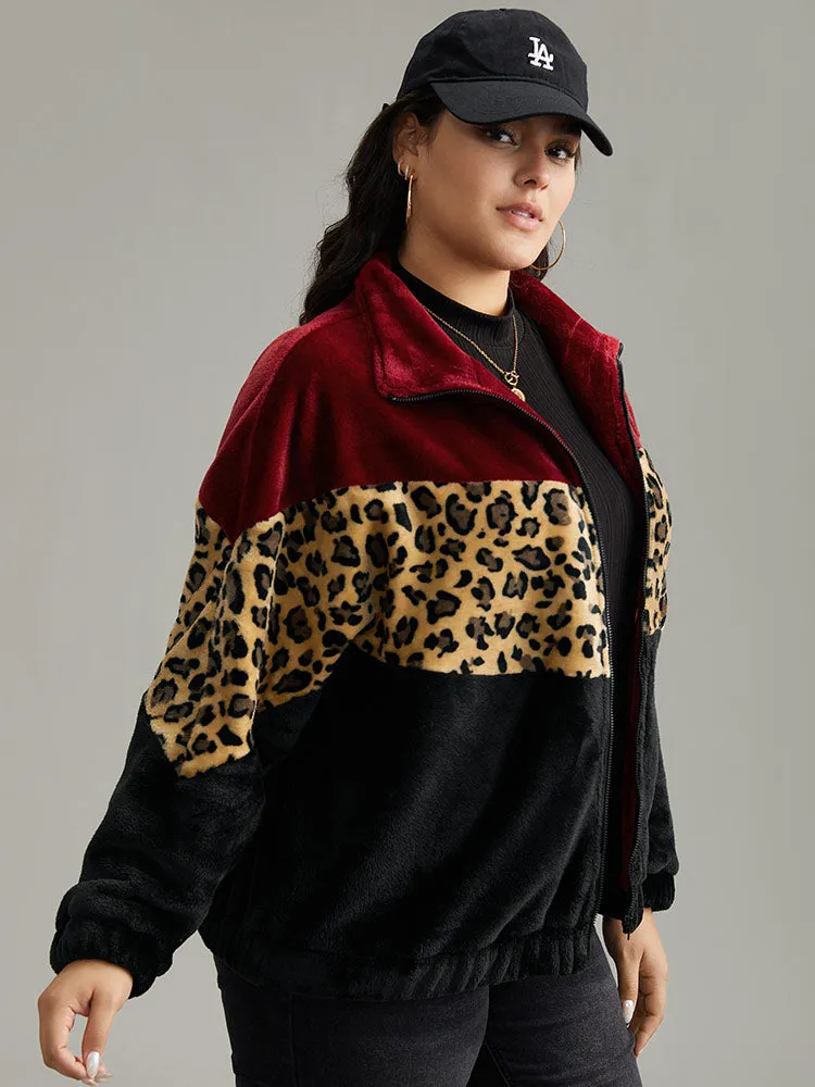 Leopard Colorblock Contrast Zipper Jacket