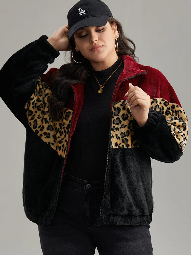 Leopard Colorblock Contrast Zipper Jacket