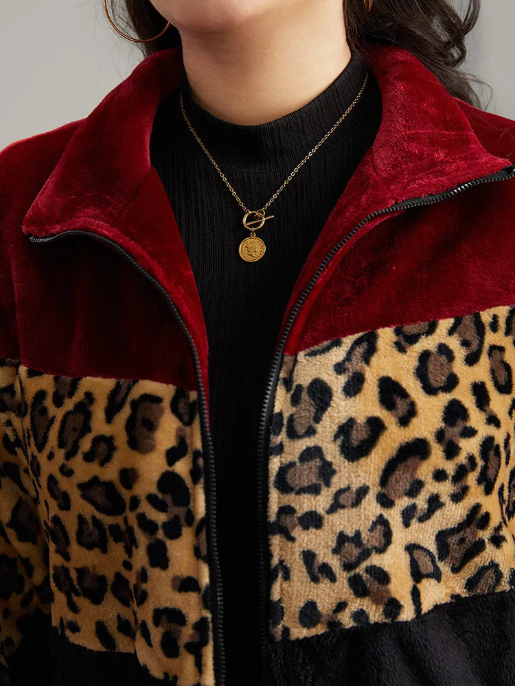 Leopard Colorblock Contrast Zipper Jacket