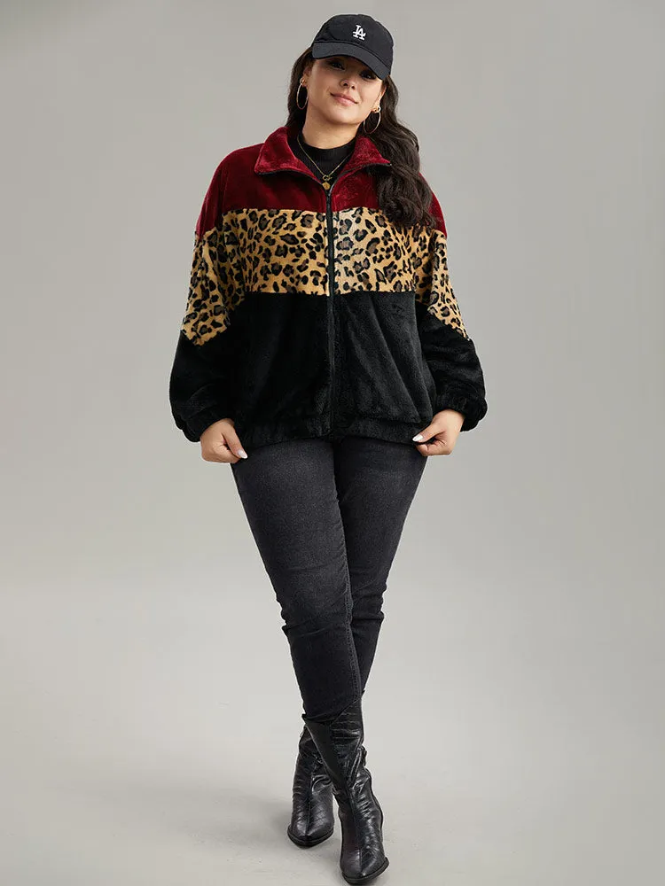 Leopard Colorblock Contrast Zipper Jacket