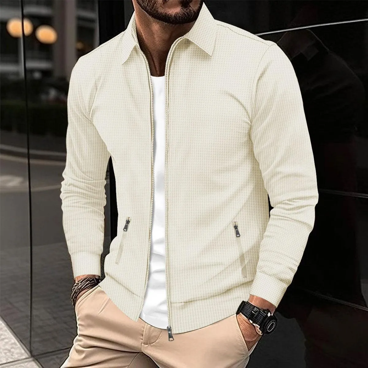 Men's Spring And Autumn Youth Waffle Zipper Pocket Lapels Slim-fit Cardigan Jacket
