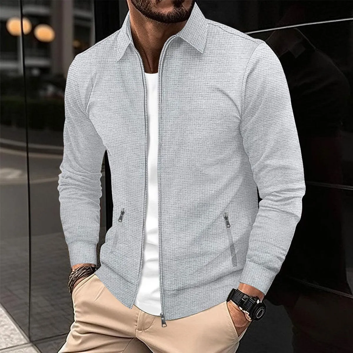 Men's Spring And Autumn Youth Waffle Zipper Pocket Lapels Slim-fit Cardigan Jacket