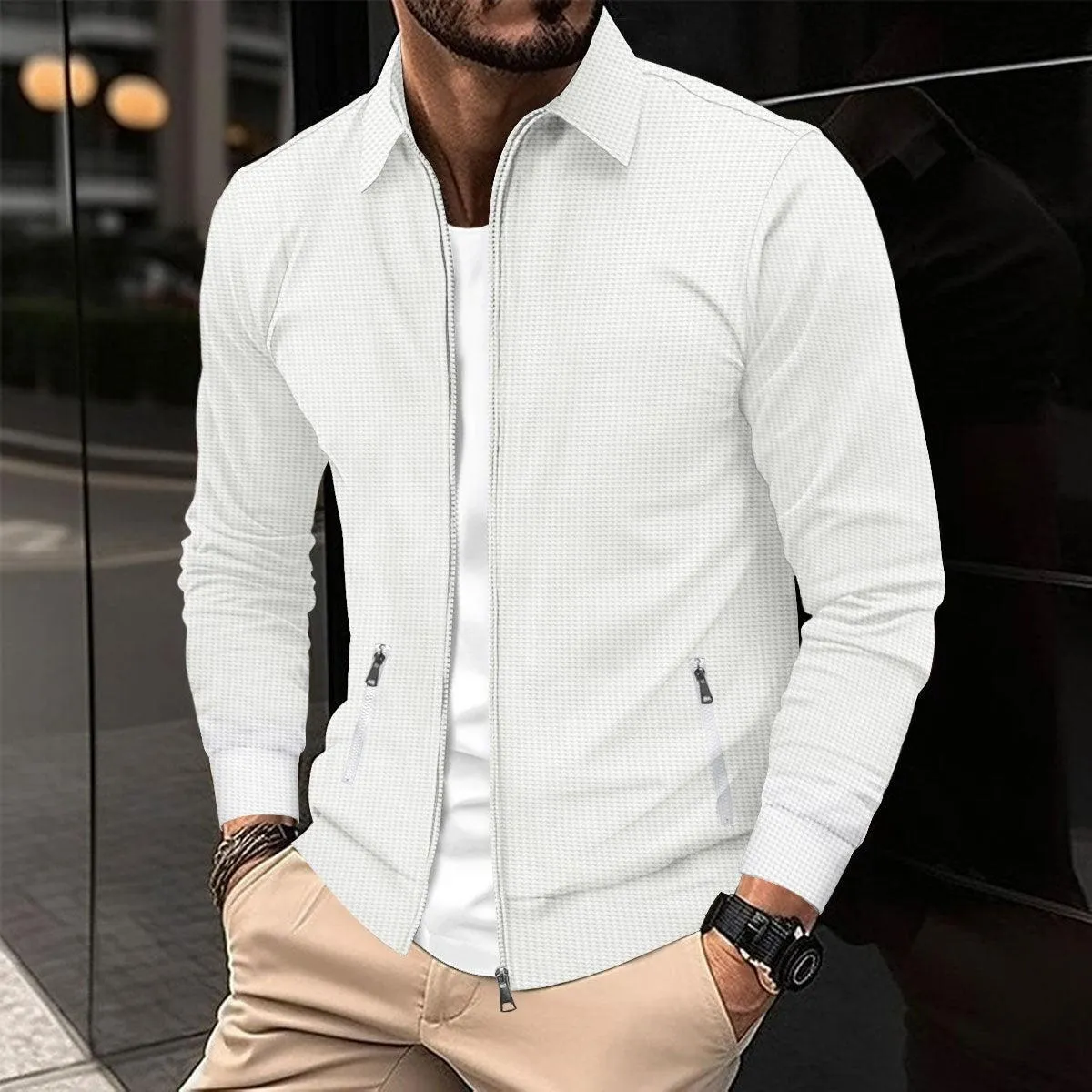 Men's Spring And Autumn Youth Waffle Zipper Pocket Lapels Slim-fit Cardigan Jacket