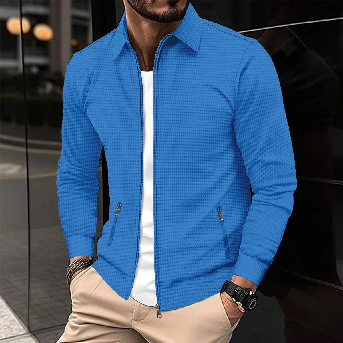 Men's Spring And Autumn Youth Waffle Zipper Pocket Lapels Slim-fit Cardigan Jacket