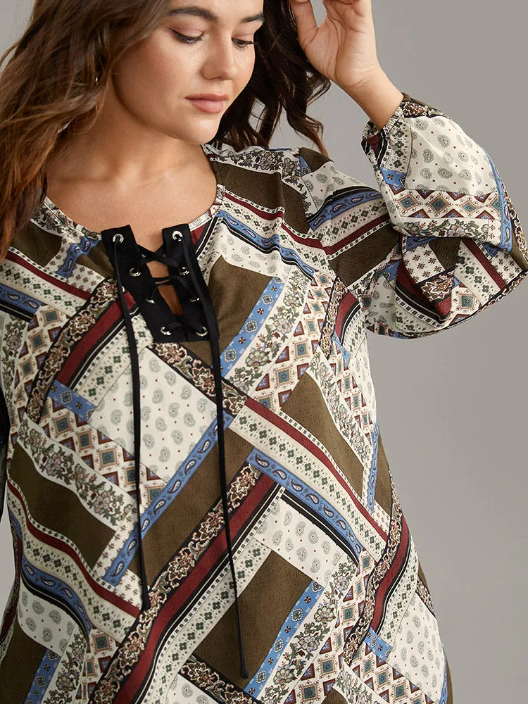 Moroccan Print Lace Up Lantern Sleeve Blouse