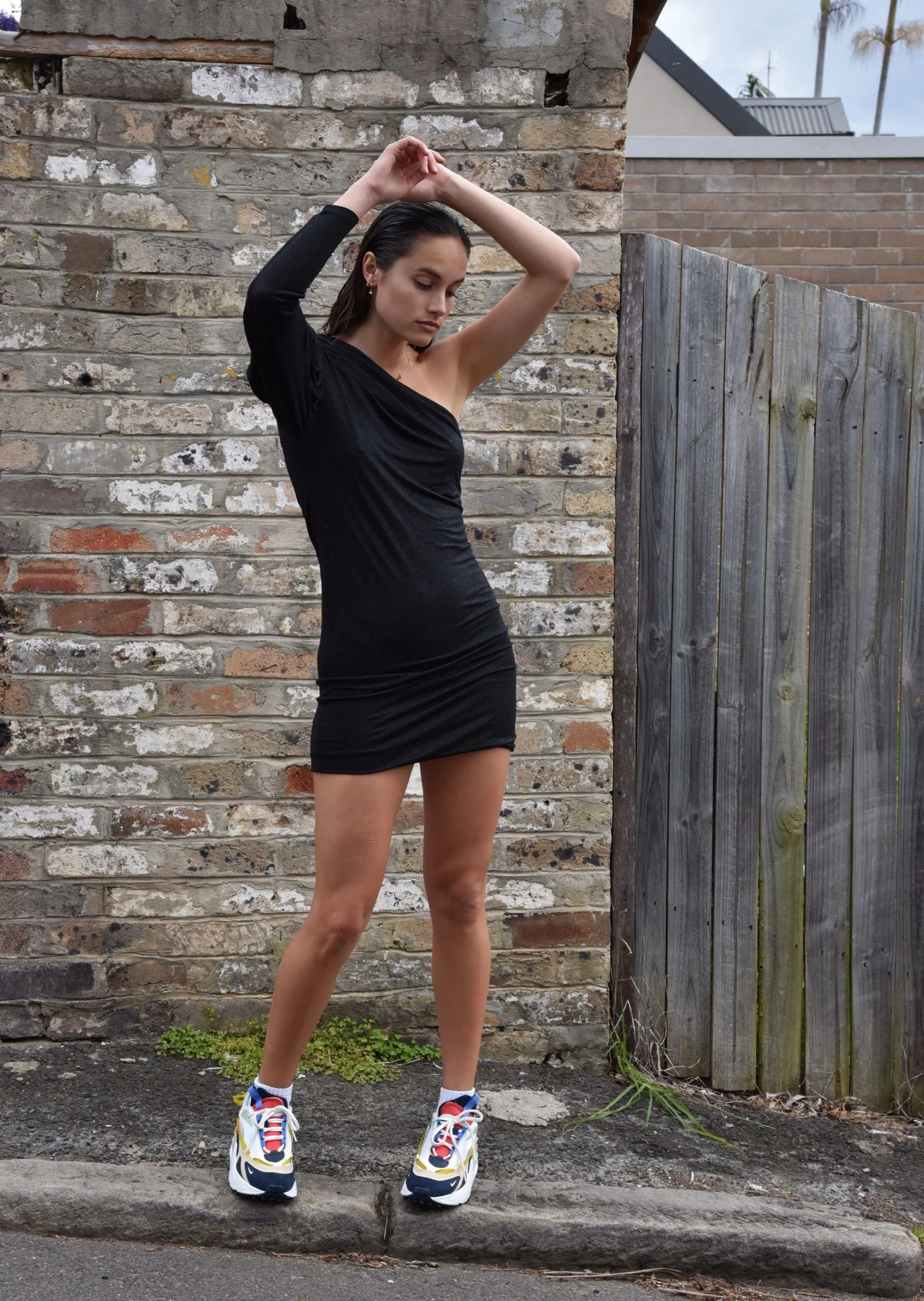 One Shoulder Draped Sleeve Mini Dress