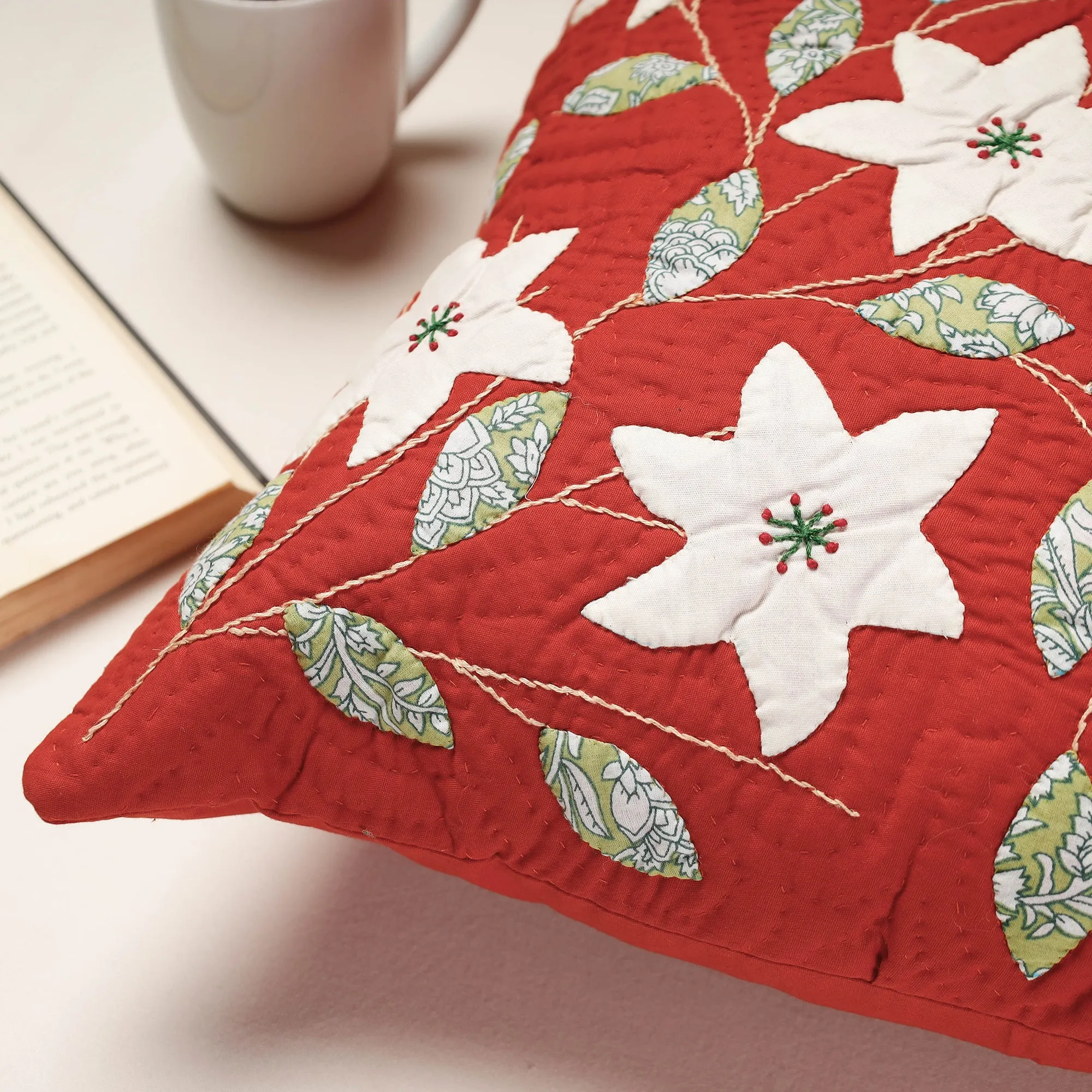 Red - Applique Quilted Cotton Cushion Cover (16 x 16 in)