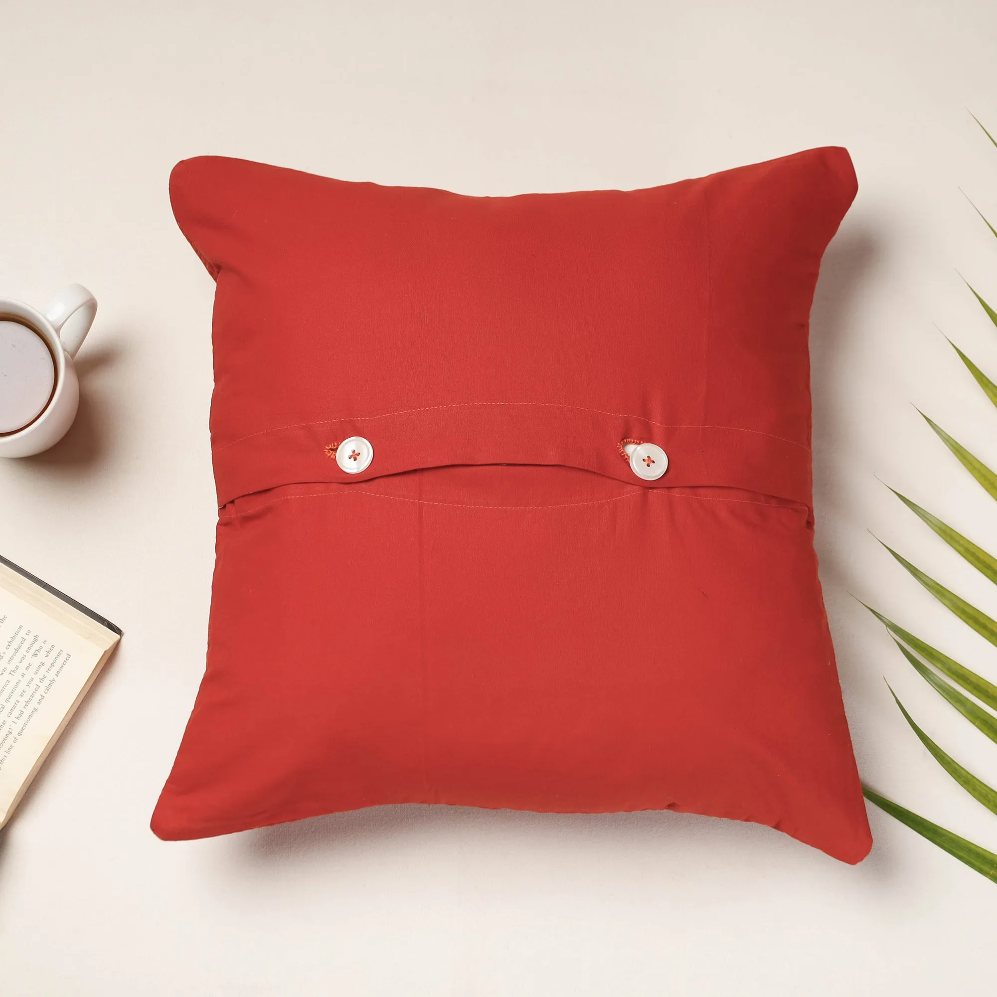 Red - Applique Quilted Cotton Cushion Cover (16 x 16 in)
