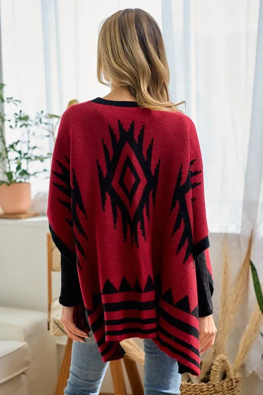 Red/Black Sweater Shawl Wrap with Aztec Pattern