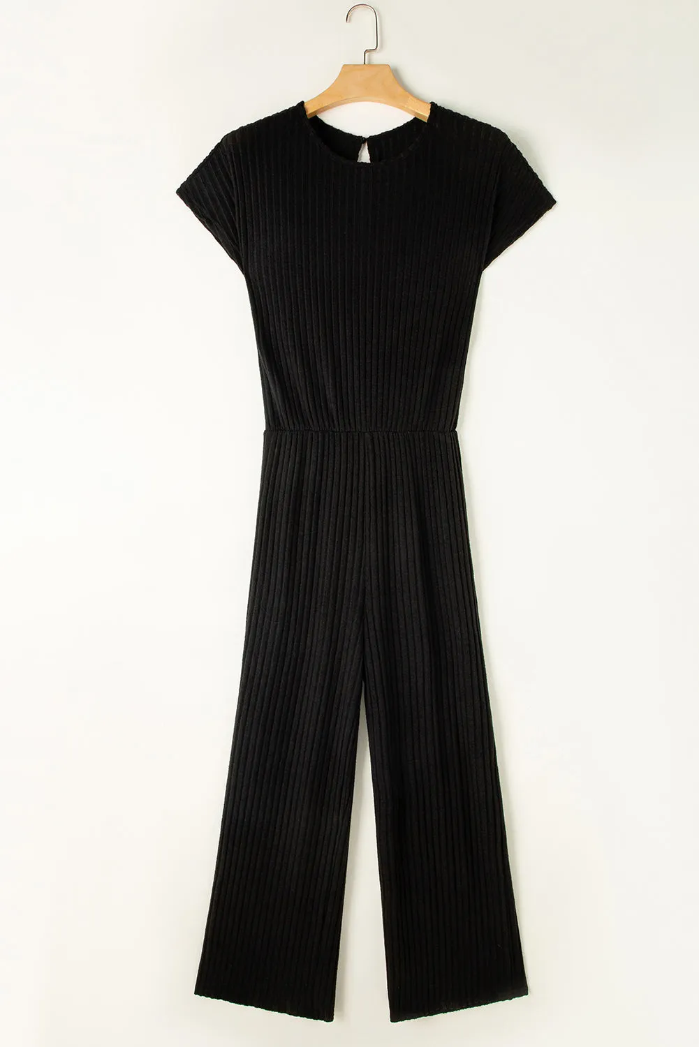 Rose Red Solid Color Ribbed Short Sleeve Wide Leg Jumpsuit