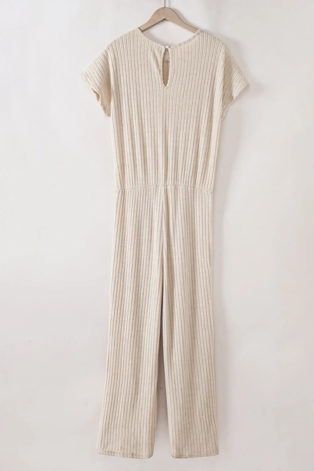 Rose Red Solid Color Ribbed Short Sleeve Wide Leg Jumpsuit